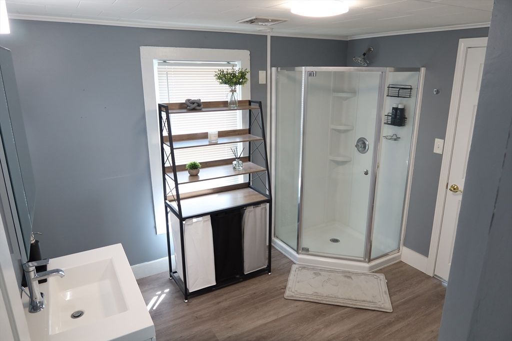 Bathroom, Glass Shower, Interior, Wood Texture Flooring