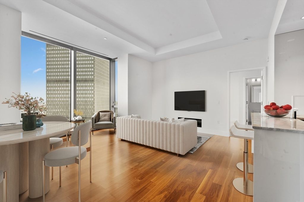 Dining room, Interior, Living room, Recessed Lighting, Wood Texture Flooring