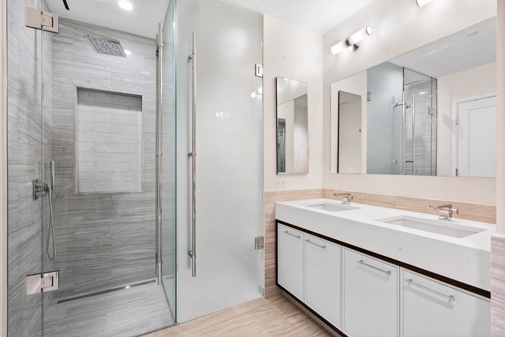 Bathroom, Dual Sink Vanities, Glass Shower, Interior, Recessed Lighting, Wood Texture Flooring