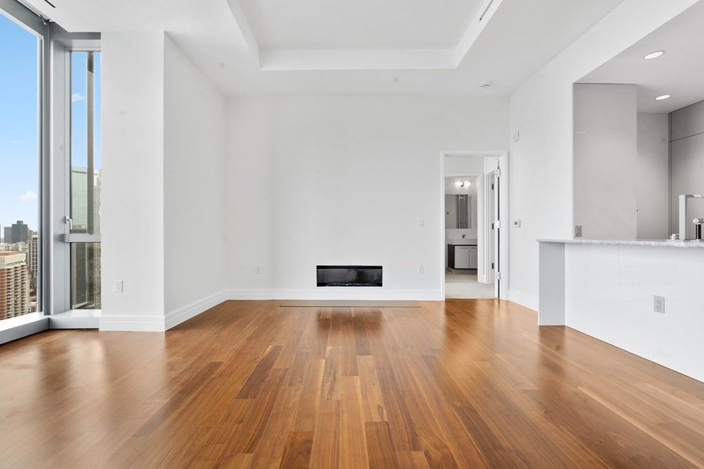 Empty room, Fireplace, Interior, Recessed Lighting, Wood Texture Flooring