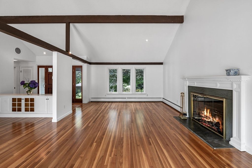 Empty room, Fireplace, Interior, Recessed Lighting, Wooden Beams, Wood Texture Flooring