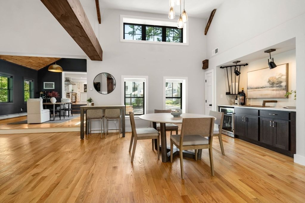 Dining room, Interior, Kitchen, Pendant Lights, Wooden Beams, Wood Texture Flooring