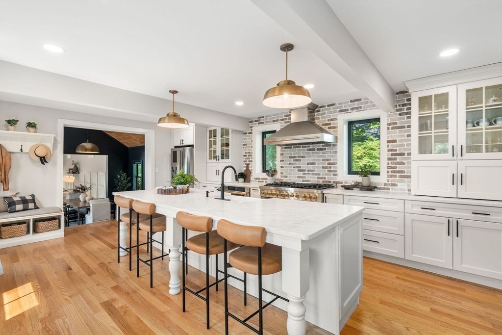 Interior, Kitchen, Pendant Lights, Recessed Lighting, Stainless Steel Appliances, Stone Walls, Wood Texture Flooring