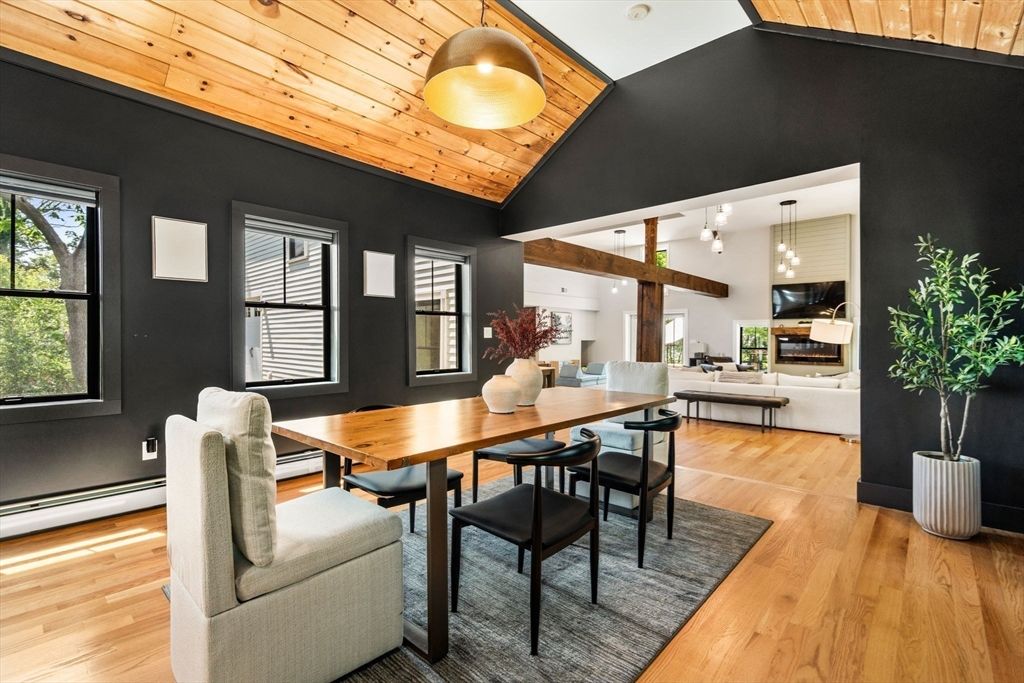 Dining room, Fireplace, Interior, Living room, Pendant Lights, Wooden Ceilings, Wood Texture Flooring