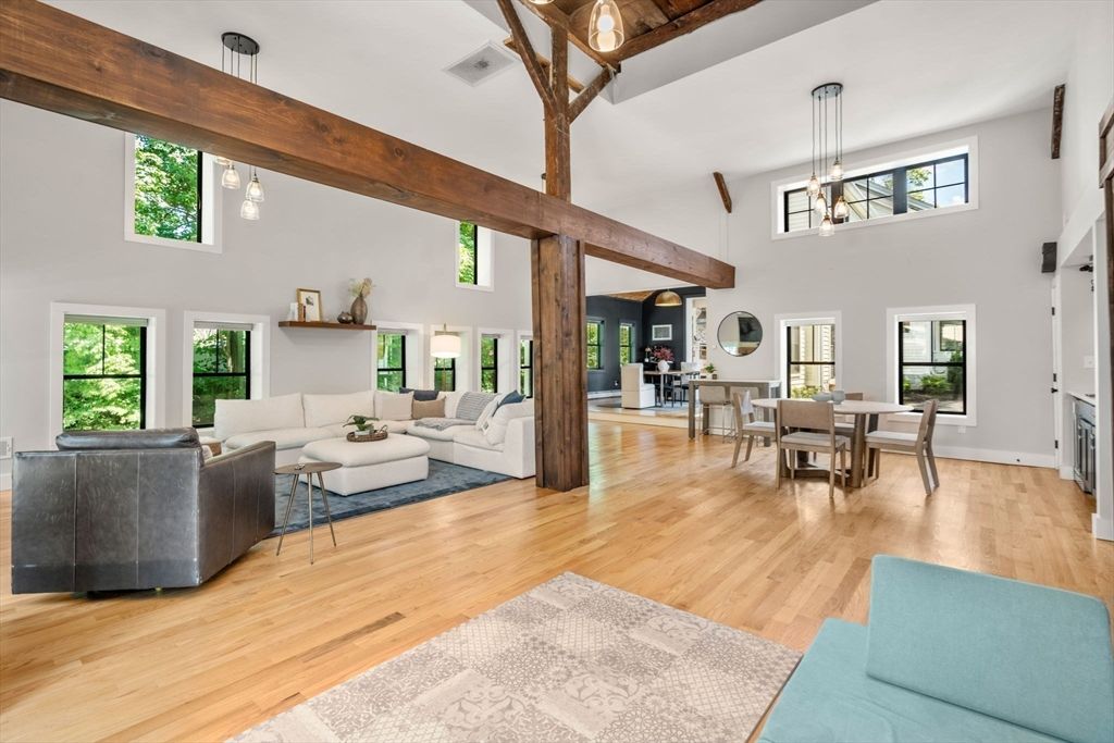 Dining room, Interior, Living room, Pendant Lights, Wooden Beams, Wood Texture Flooring