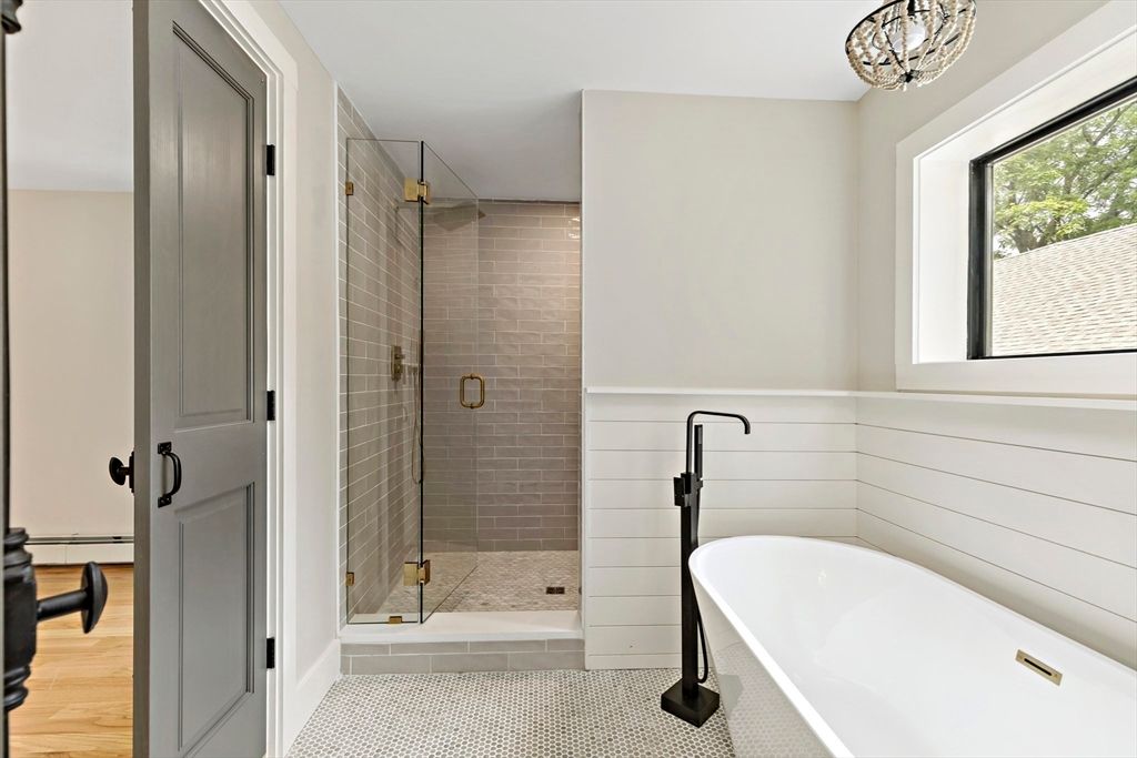 Bathroom, Glass Shower, Interior, Pendant Lights, Wood Texture Flooring
