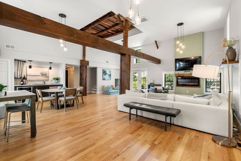 Dining room, Fireplace, Interior, Living room, Pendant Lights, Wooden Beams, Wood Texture Flooring