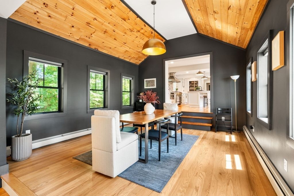 Dining room, Interior, Pendant Lights, Recessed Lighting, Wooden Ceilings, Wood Texture Flooring