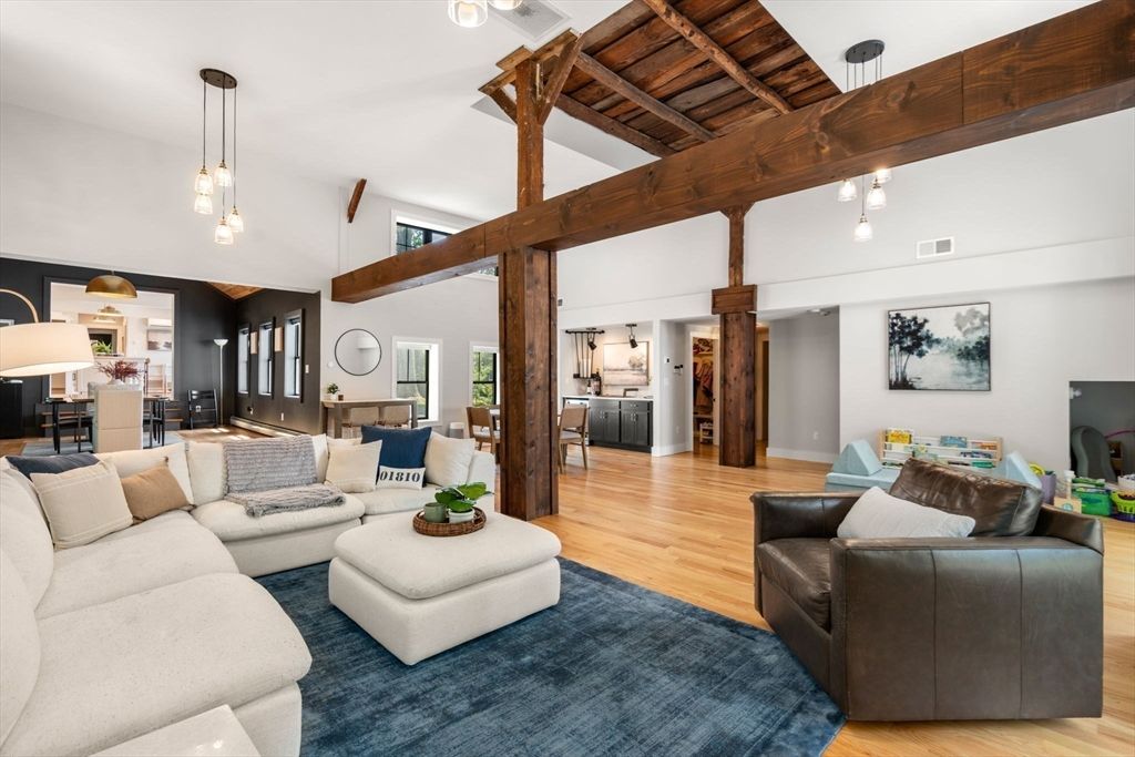 Dining room, Interior, Kitchen, Living room, Pendant Lights, Wooden Beams, Wood Texture Flooring