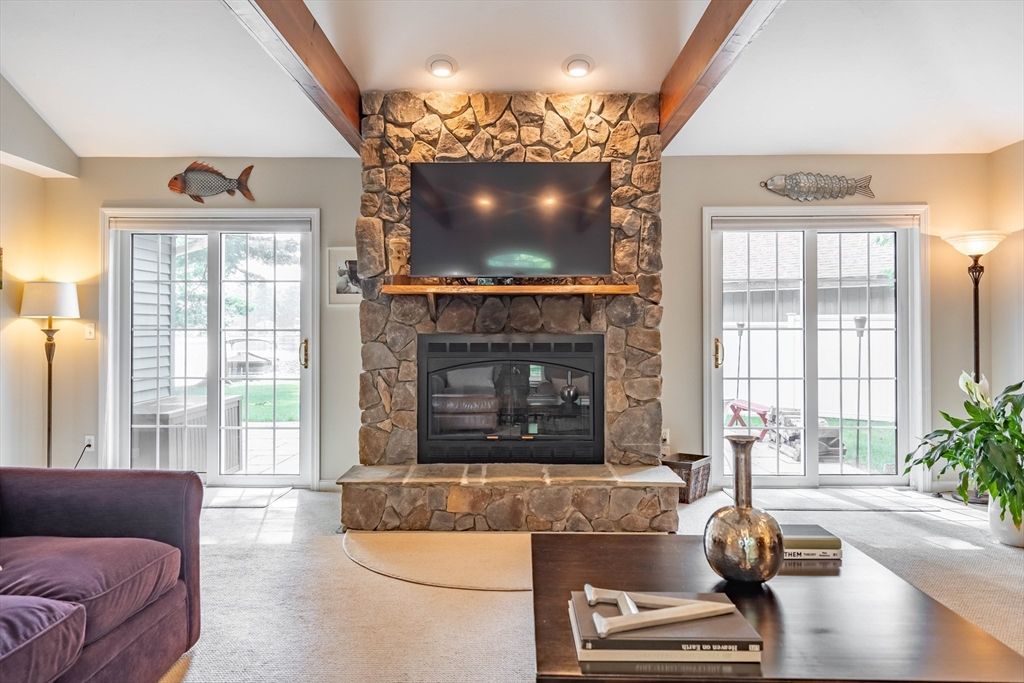 Fireplace, Interior, Recessed Lighting, Stone Walls