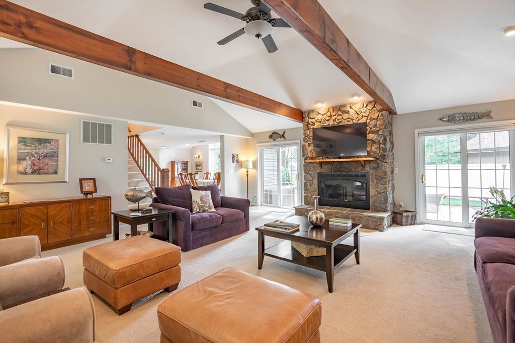 Fireplace, Interior, Living room, Recessed Lighting, Stone Walls, Wooden Beams