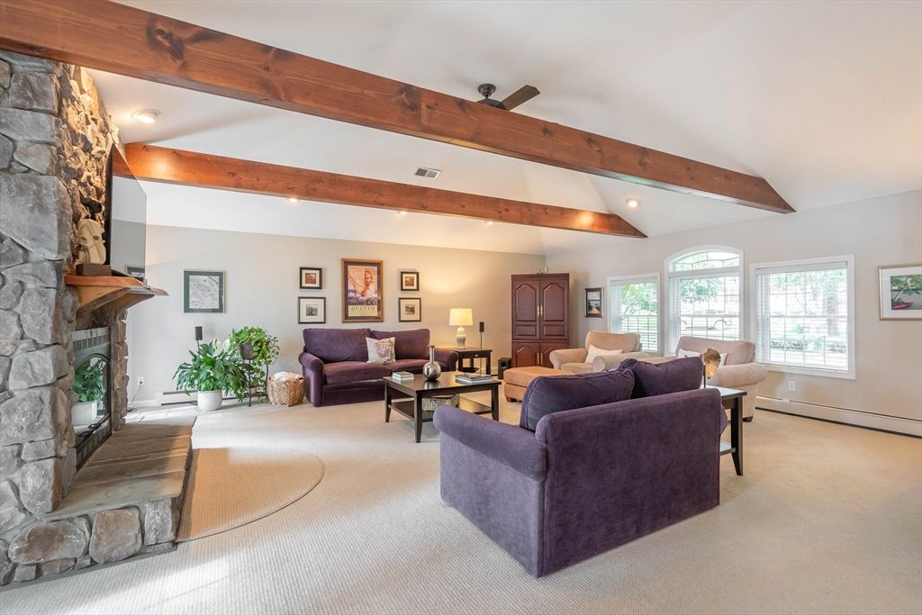 Fireplace, Interior, Living room, Recessed Lighting, Stone Walls, Wooden Beams