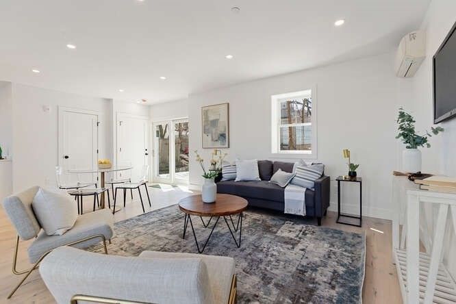 Dining room, Interior, Living room, Recessed Lighting, Wood Texture Flooring
