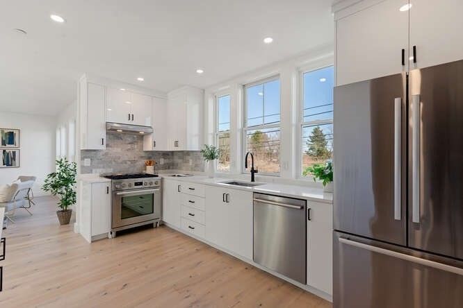 Interior, Kitchen, Recessed Lighting, Stainless Steel Appliances, Wood Texture Flooring