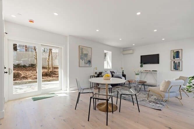 Dining room, Interior, Living room, Recessed Lighting, Wood Texture Flooring