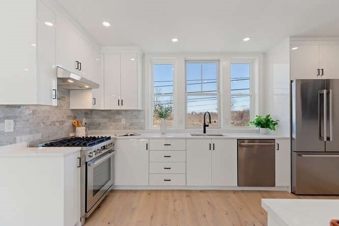 Interior, Kitchen, Recessed Lighting, Stainless Steel Appliances, Wood Texture Flooring