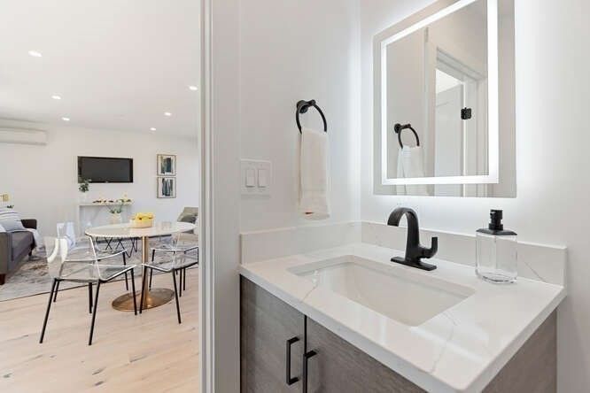Bathroom, Dining room, Dual Sink Vanities, Interior, Recessed Lighting, Wood Texture Flooring