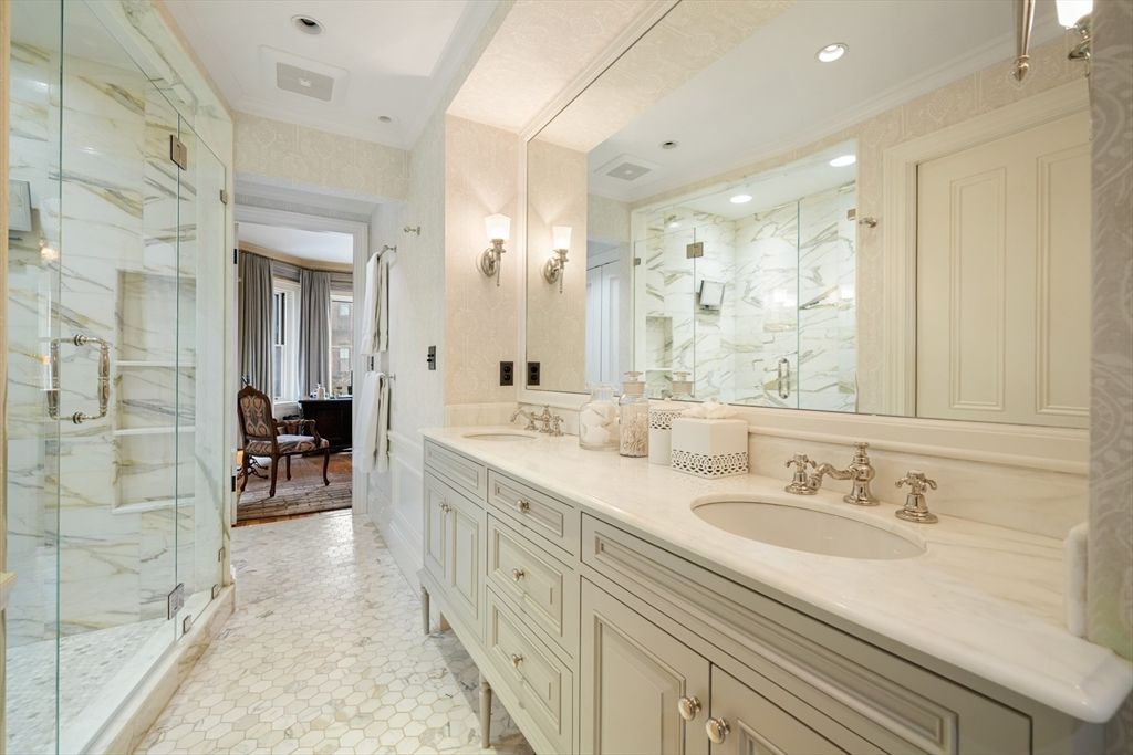 Bathroom, Dual Sink Vanities, Glass Shower, Interior, Marble Walls, Recessed Lighting