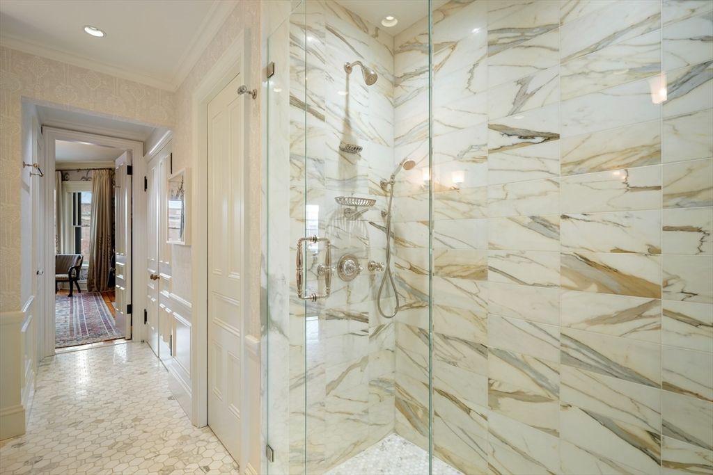 Bathroom, Glass Shower, Interior, Marble Walls, Recessed Lighting
