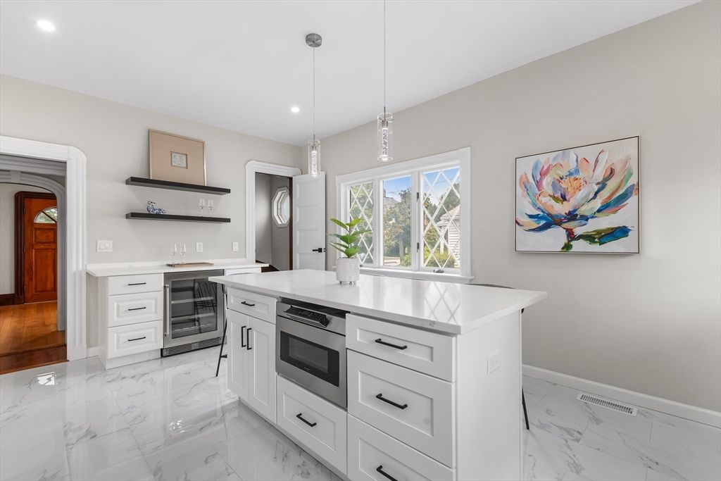 Interior, Kitchen, Marble, Pendant Lights, Recessed Lighting, Stainless Steel Appliances