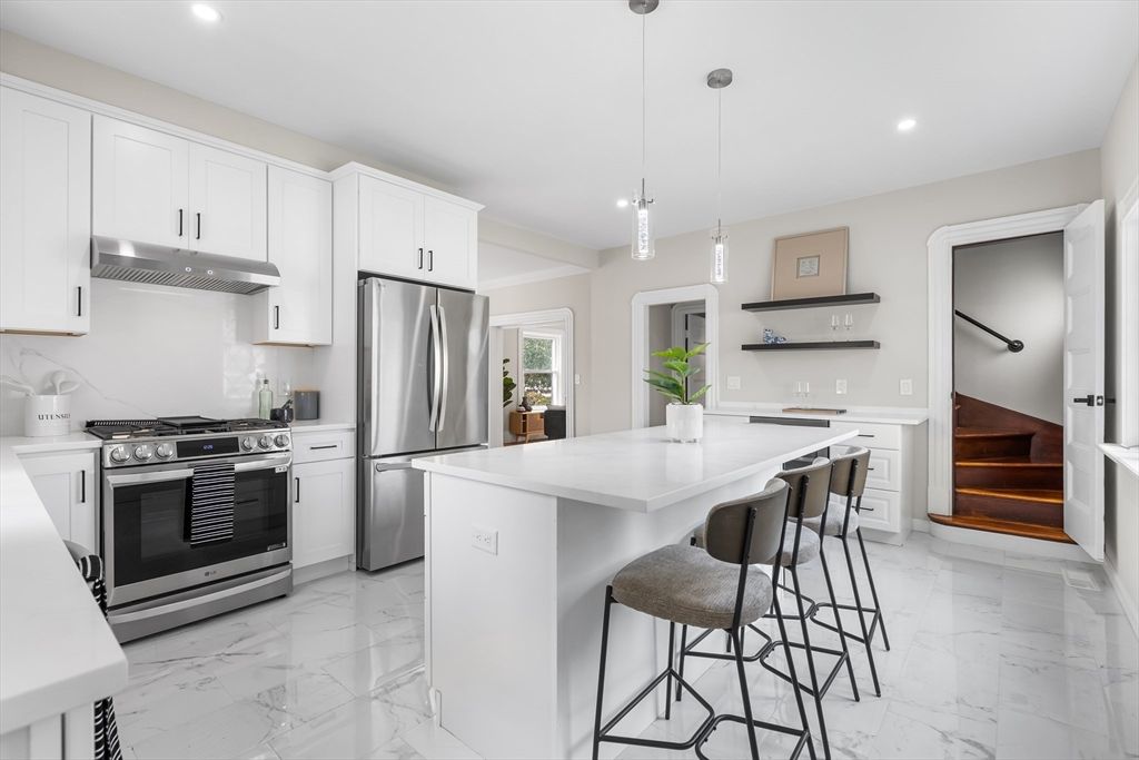Interior, Kitchen, Marble, Pendant Lights, Recessed Lighting, Stainless Steel Appliances