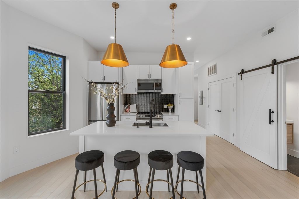 Interior, Kitchen, Pendant Lights, Recessed Lighting, Stainless Steel Appliances, Wood Texture Flooring