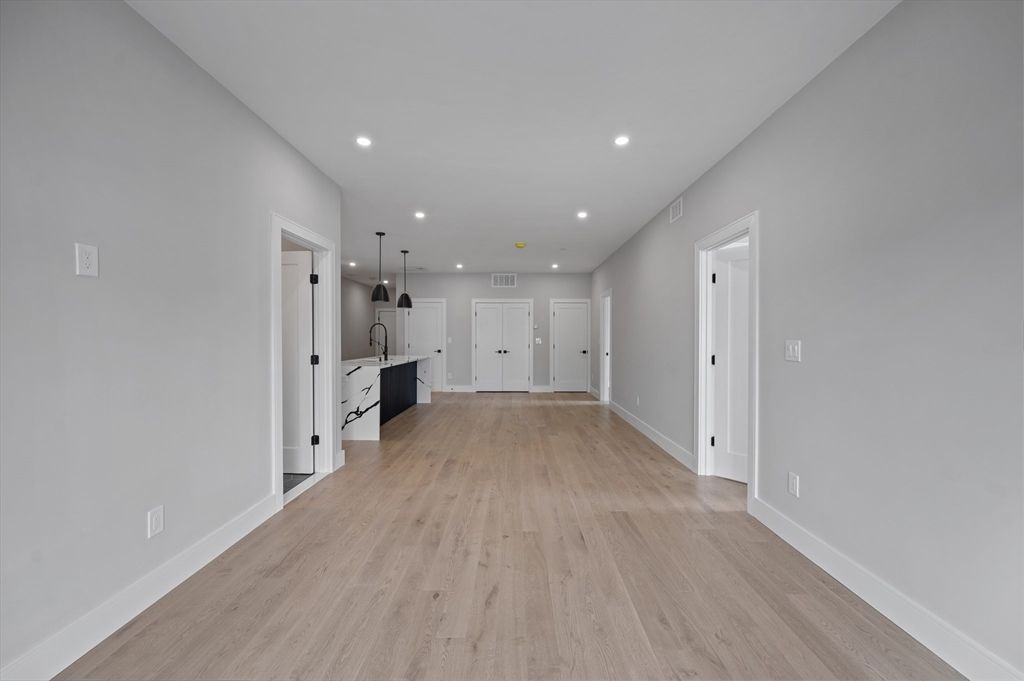 Empty room, Interior, Kitchen, Pendant Lights, Recessed Lighting, Wood Texture Flooring