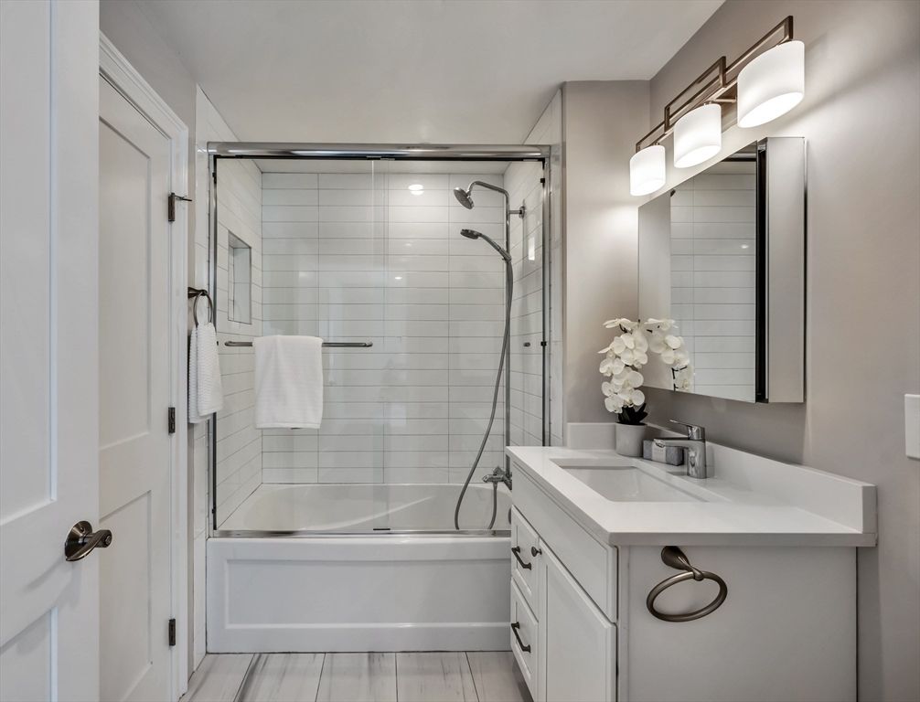 Bathroom, Glass Shower, Interior, Wood Texture Flooring