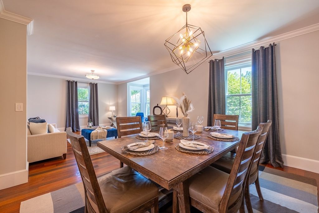 Dining room, Interior, Living room, Pendant Lights, Wood Texture Flooring