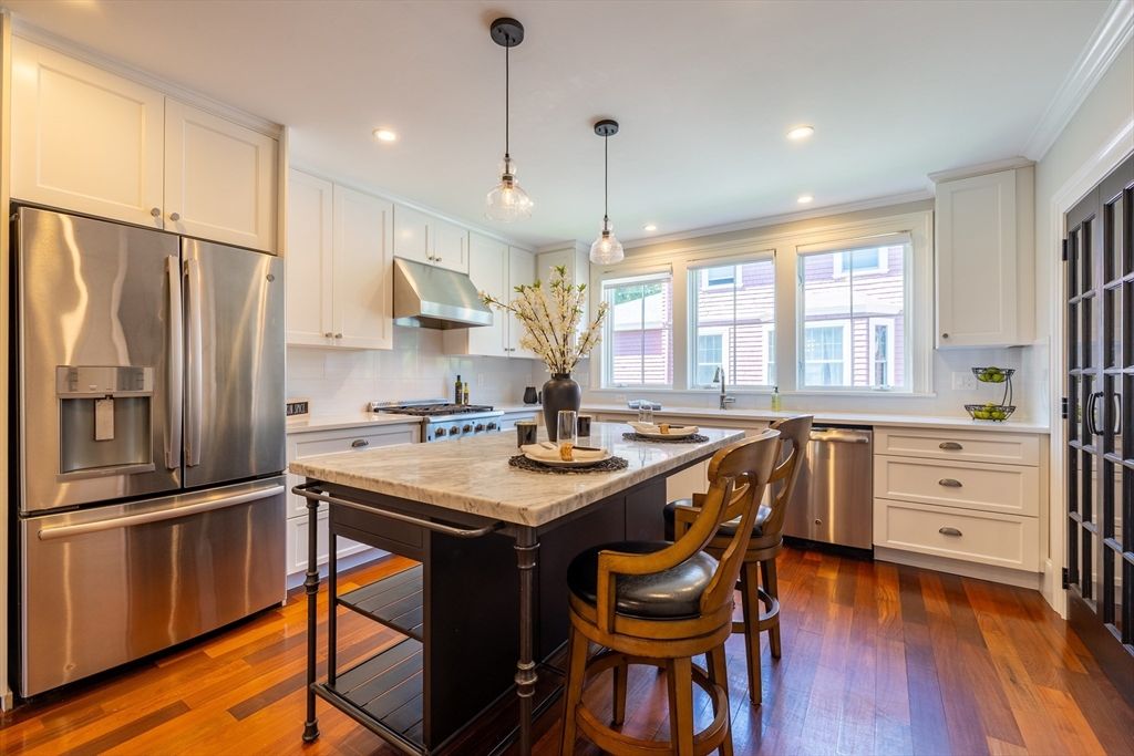 Interior, Kitchen, Pendant Lights, Recessed Lighting, Stainless Steel Appliances, Wood Texture Flooring