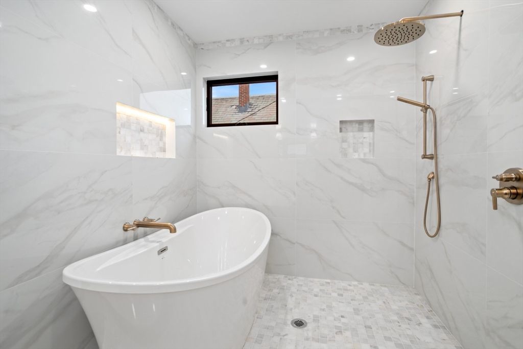 Bathroom, Free Standing Baths, Interior, Marble Walls, Recessed Lighting