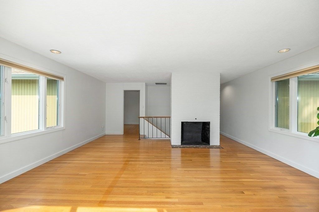 Empty room, Fireplace, Interior, Recessed Lighting, Wood Texture Flooring