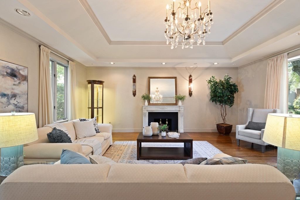 Chandelier, Fireplace, Interior, Living room, Recessed Lighting, Wood Texture Flooring