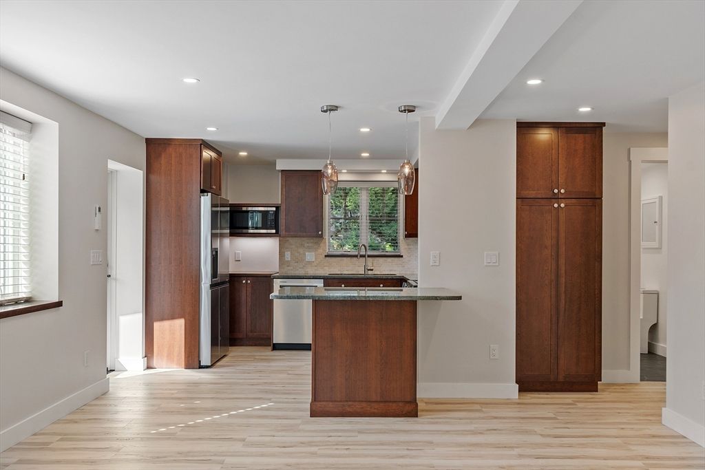 Interior, Kitchen, Pendant Lights, Recessed Lighting, Stainless Steel Appliances, Wood Texture Flooring