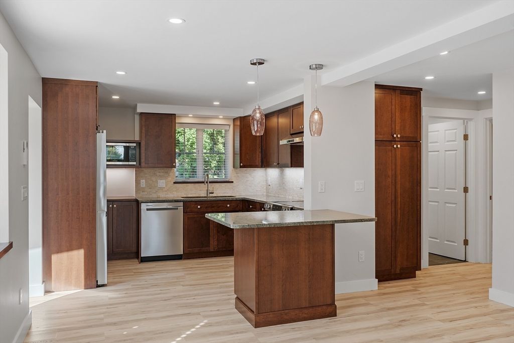 Interior, Kitchen, Pendant Lights, Recessed Lighting, Stainless Steel Appliances, Wood Texture Flooring