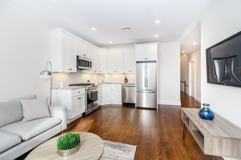 Interior, Kitchen, Living room, Recessed Lighting, Stainless Steel Appliances, Wood Texture Flooring