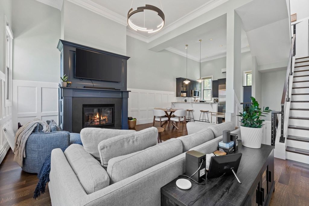 Dining room, Fireplace, Interior, Kitchen, Living room, Pendant Lights, Recessed Lighting, Wood Texture Flooring