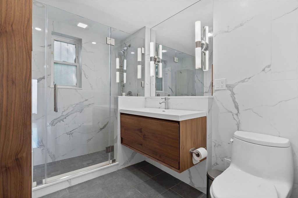 Bathroom, Glass Shower, Interior, Marble Walls, Recessed Lighting