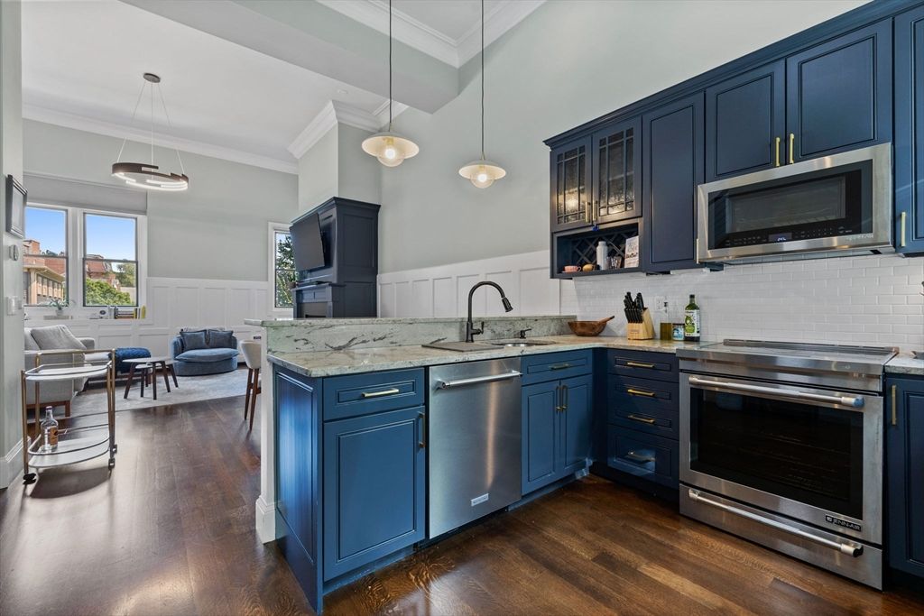 Interior, Kitchen, Pendant Lights, Stainless Steel Appliances, Wood Texture Flooring