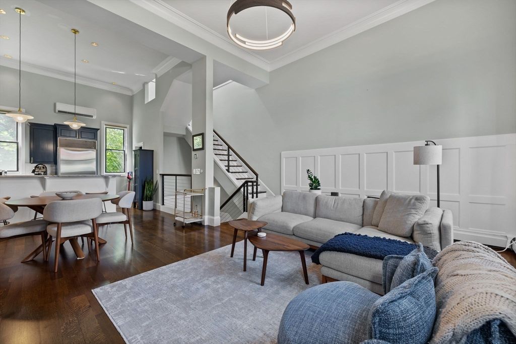 Dining room, Interior, Living room, Pendant Lights, Recessed Lighting, Stainless Steel Appliances, Wood Texture Flooring