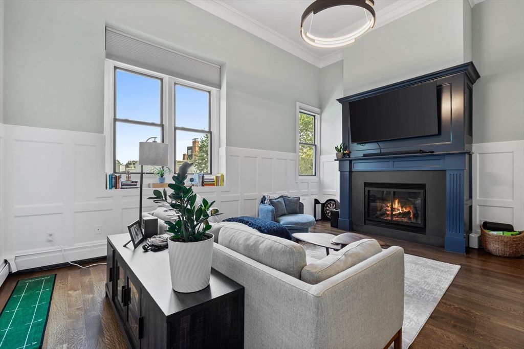 Fireplace, Interior, Living room, Pendant Lights, Wood Texture Flooring