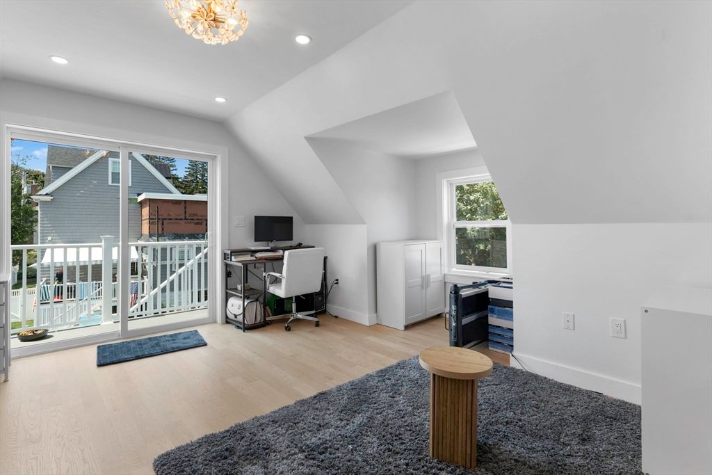 Chandelier, Home Office, Interior, Recessed Lighting, Wood Texture Flooring