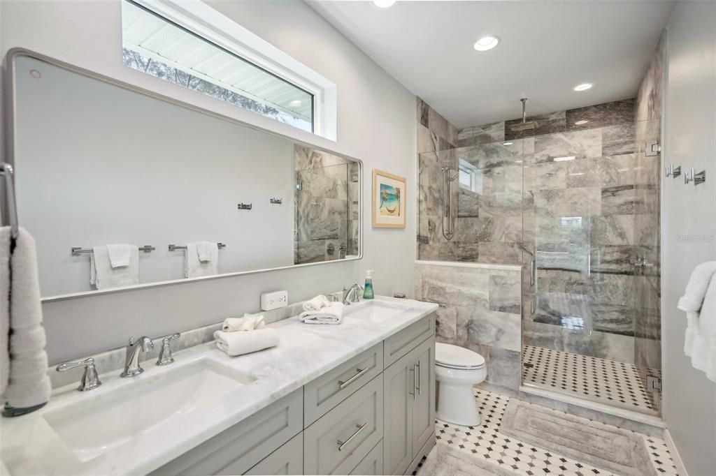 Bathroom, Dual Sink Vanities, Glass Shower, Interior, Recessed Lighting