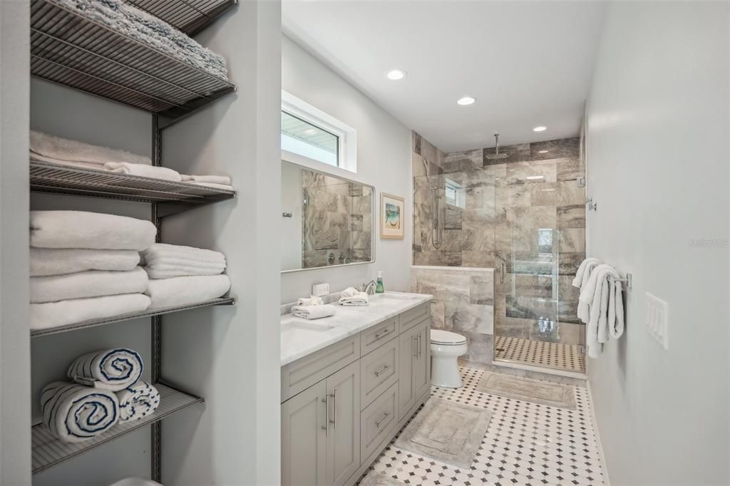Bathroom, Dual Sink Vanities, Glass Shower, Interior, Recessed Lighting