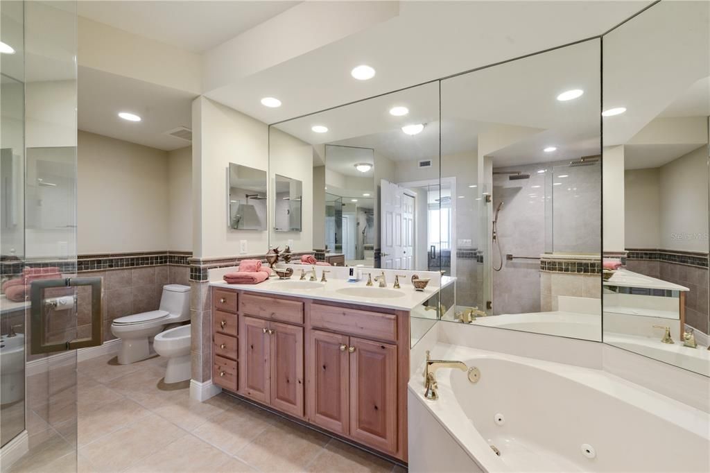 Bathroom, Dual Sink Vanities, Glass Shower, Interior, Recessed Lighting