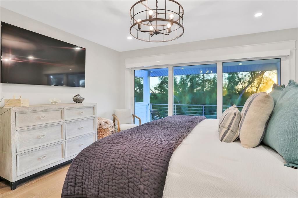Bedroom, Chandelier, Interior, Recessed Lighting, Wood Texture Flooring