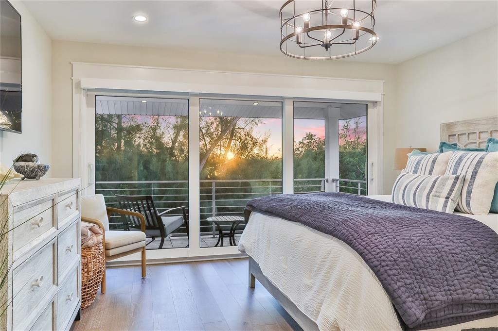 Bedroom, Chandelier, Interior, Recessed Lighting, Wood Texture Flooring