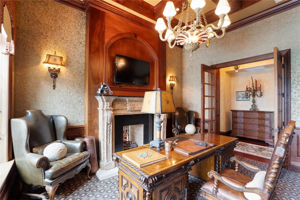 Chandelier, Fireplace, Home Office, Interior