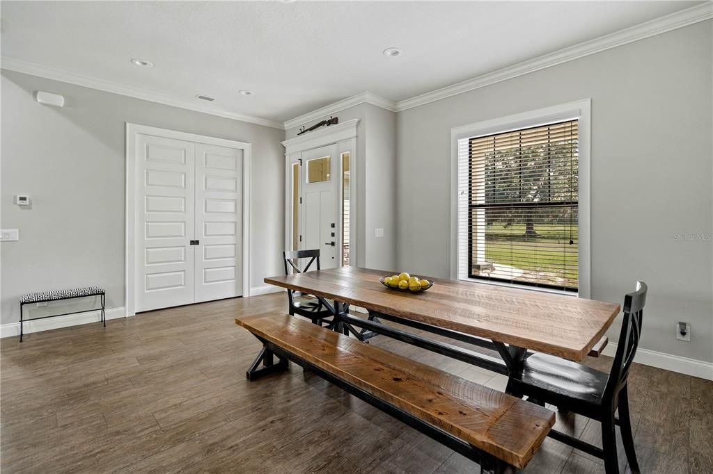 Dining room, Interior, Recessed Lighting, Wood Texture Flooring