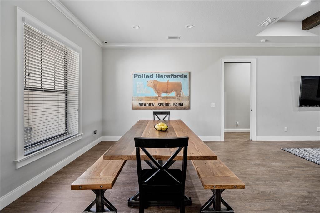 Dining room, Interior, Recessed Lighting, Wood Texture Flooring